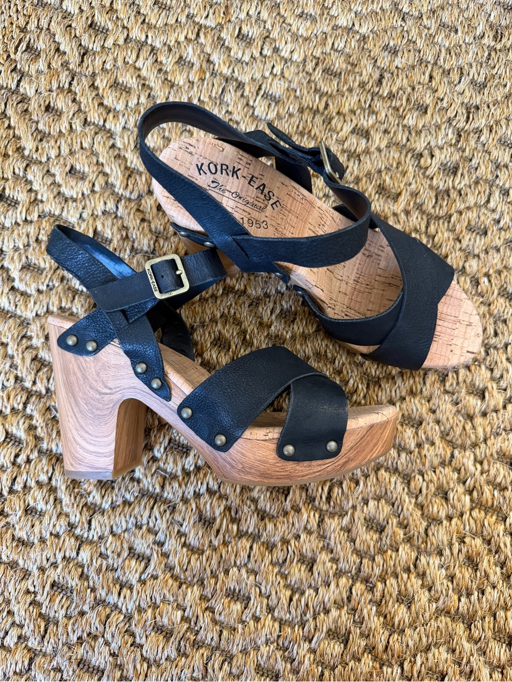Kork-Ease Black Leather Platform Clog Sandals with Wood heel